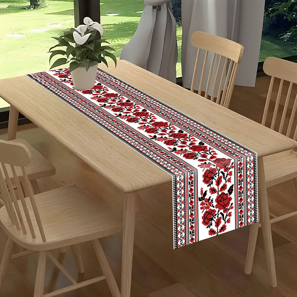 Ukrainian Table Runner – Folk Traditional Print in White, Black & Red (180x35cm)