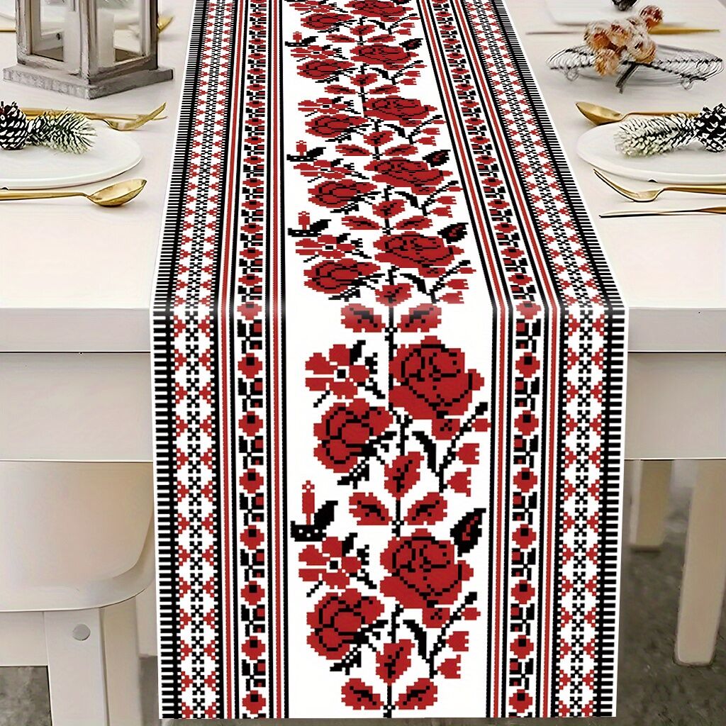 Ukrainian Table Runner – Folk Traditional Print in White, Black & Red (180x35cm)
