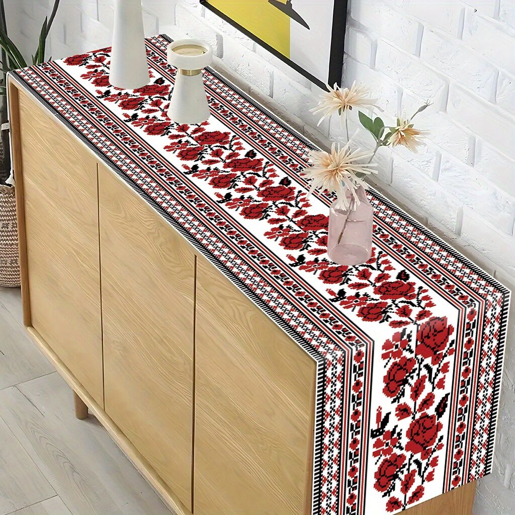 Ukrainian Table Runner – Folk Traditional Print in White, Black & Red (180x35cm)