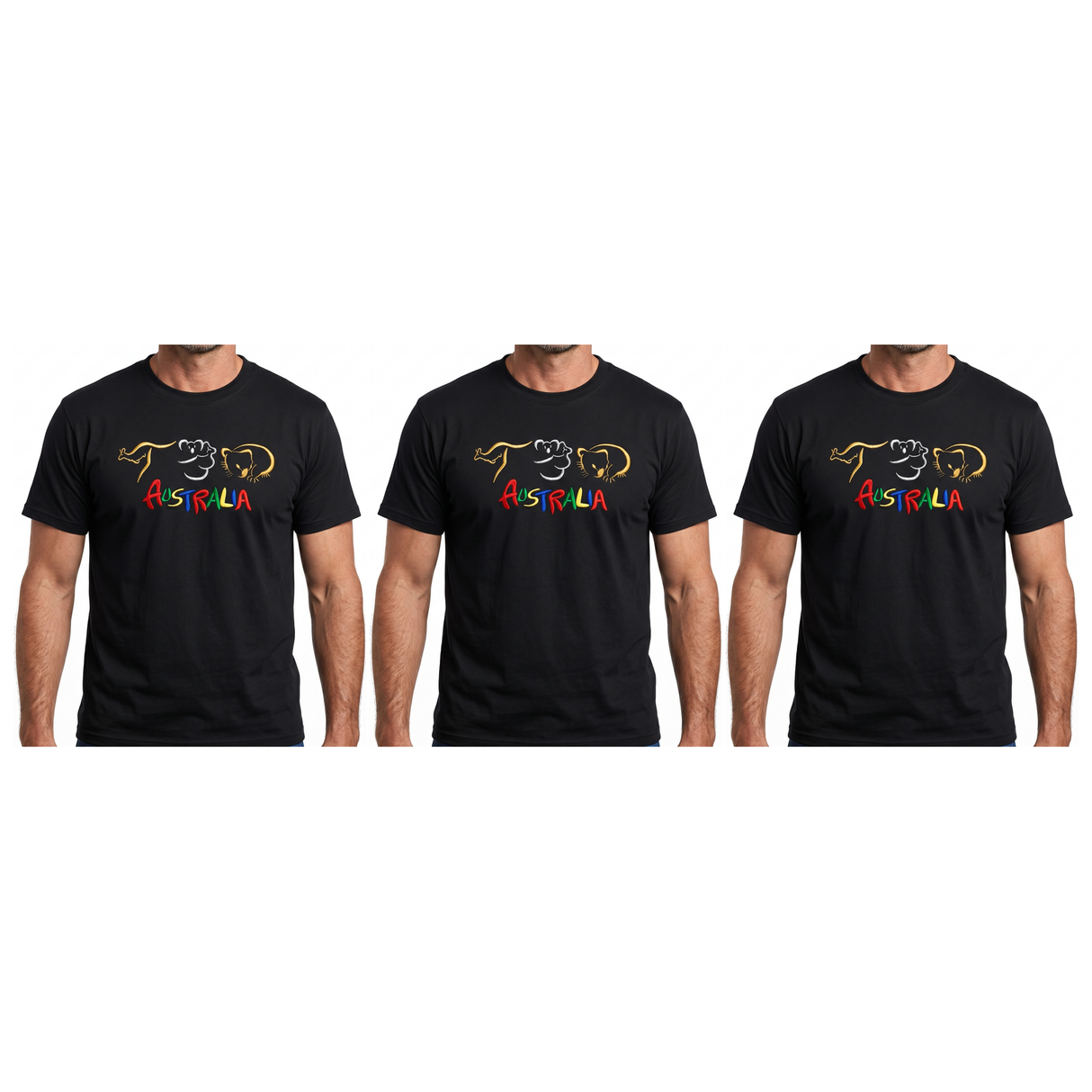 3x Adult Kangaroo/Koala/Wombat Australian Animals T-Shirt Pack - Black (100% Cotton Souvenir Gift Tee Top)