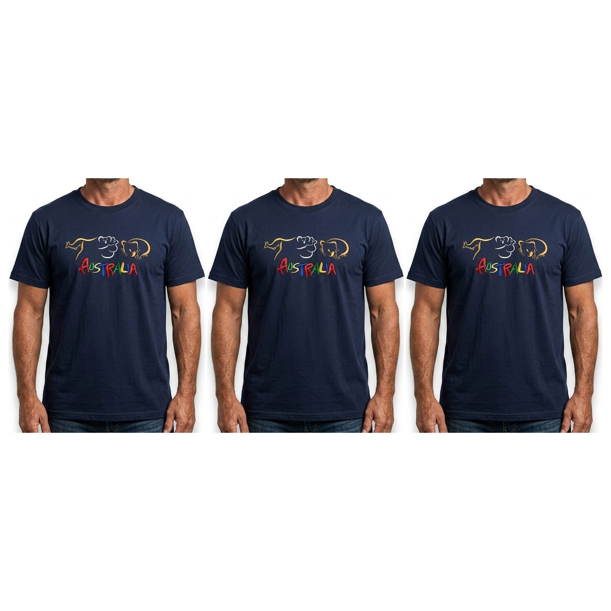 3x Adult Kangaroo/Koala/Wombat Australian Animals T-Shirt Pack - Navy Blue (100% Cotton Souvenir Gift Tee Top)