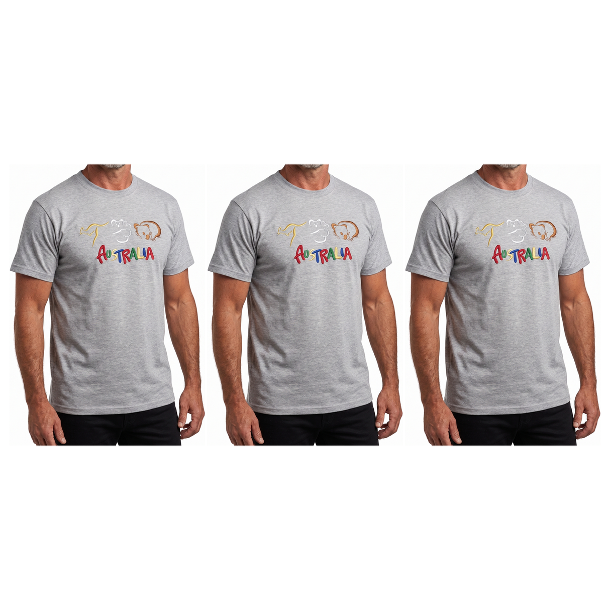 3x Adult Kangaroo/Koala/Wombat Australian Animals T-Shirt Pack - Grey (100% Cotton Souvenir Gift Tee Top)
