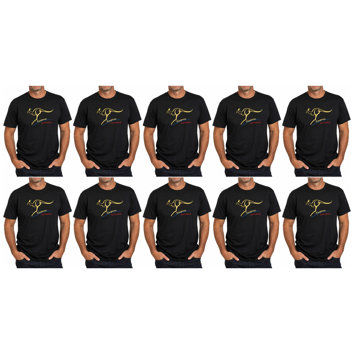 10x Adult Kangaroo Australia T-Shirt Bulk Pack - Black (100% Cotton Souvenir Gift Tee Top)