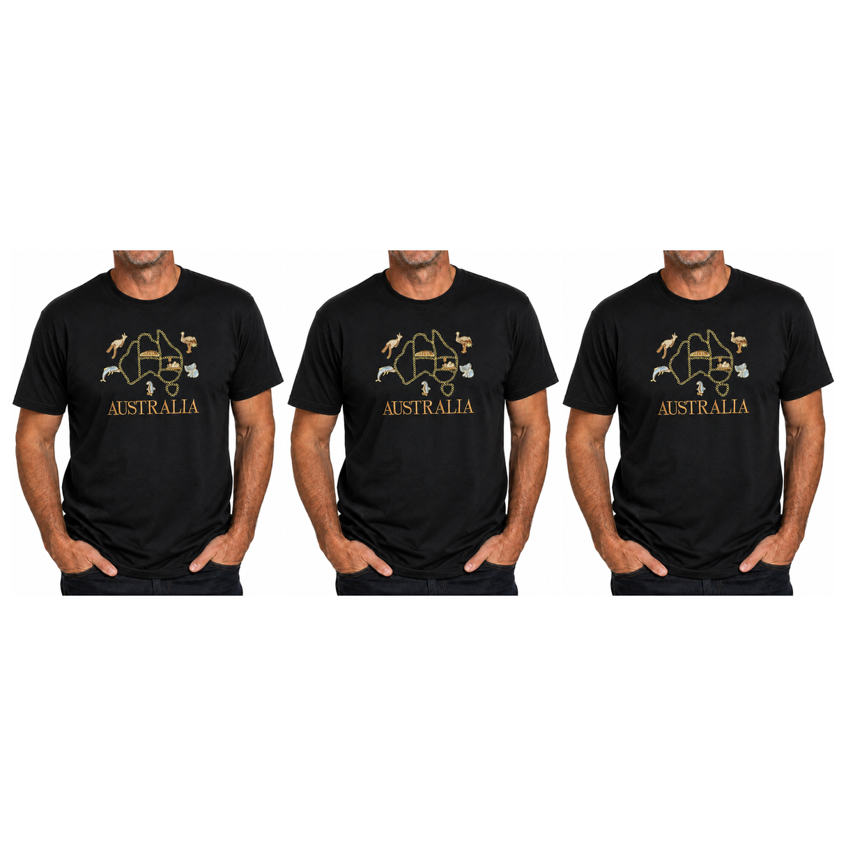 3x Adult Australia Map, Icons & Animals T-Shirt Pack - Black (100% Cotton Souvenir Gift Tee Top)