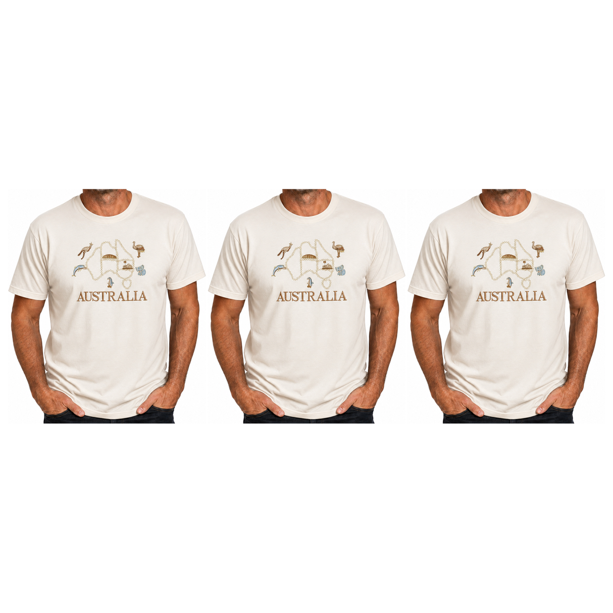3x Adult Australia Map, Icons & Animals T-Shirt Pack - Cream (100% Cotton Souvenir Gift Tee Top)