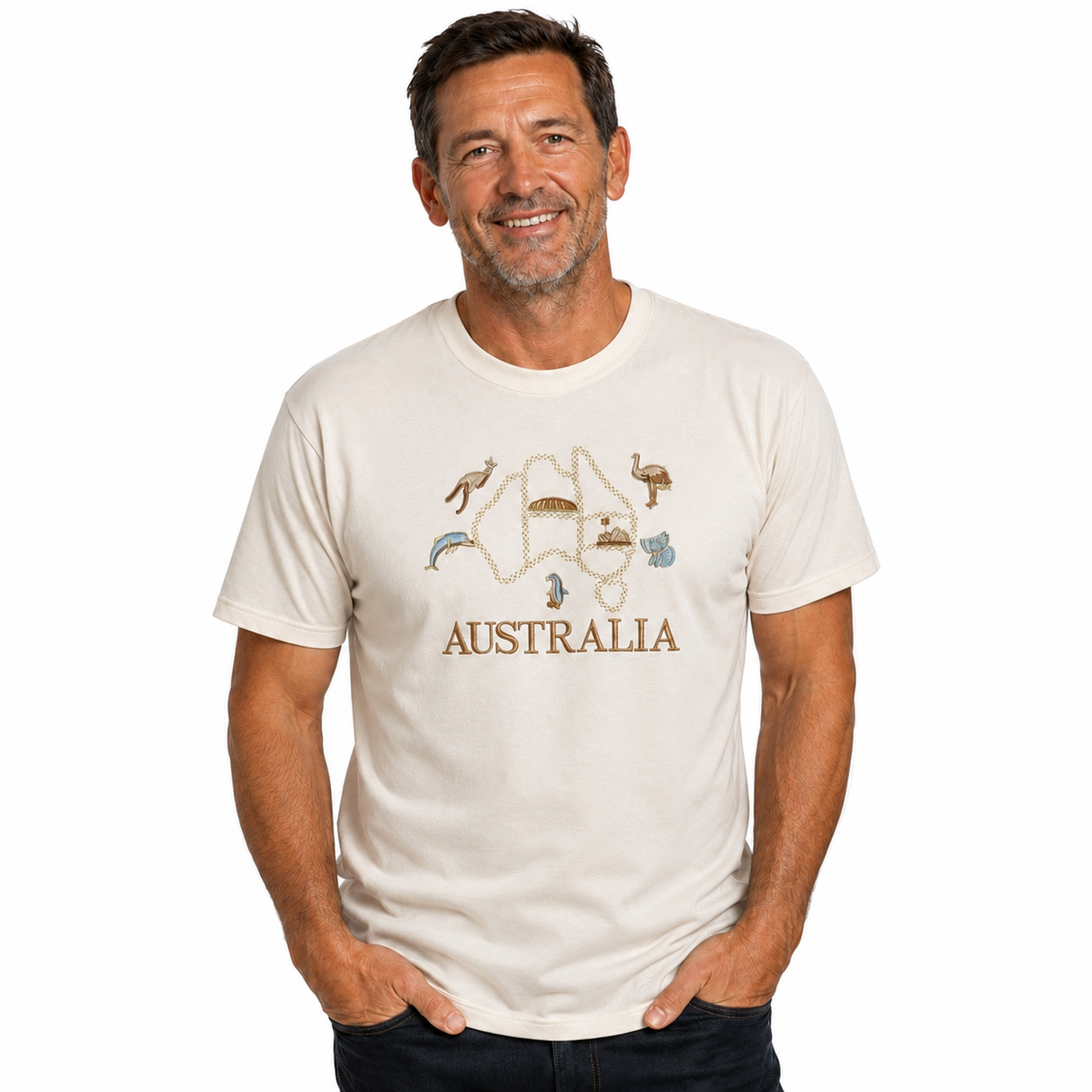 Adult Australia Map, Icons & Animals T-Shirt - Cream (100% Cotton Souvenir Gift Tee Top)