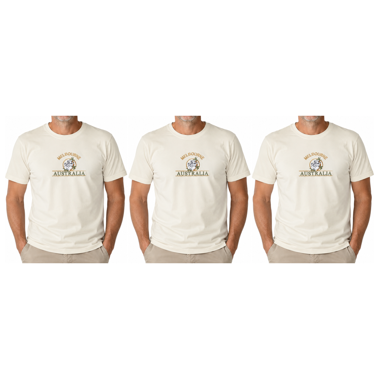 3x Adult Koala Melbourne Australia T-Shirt Pack - Cream (100% Cotton Souvenir Gift Tee Top)