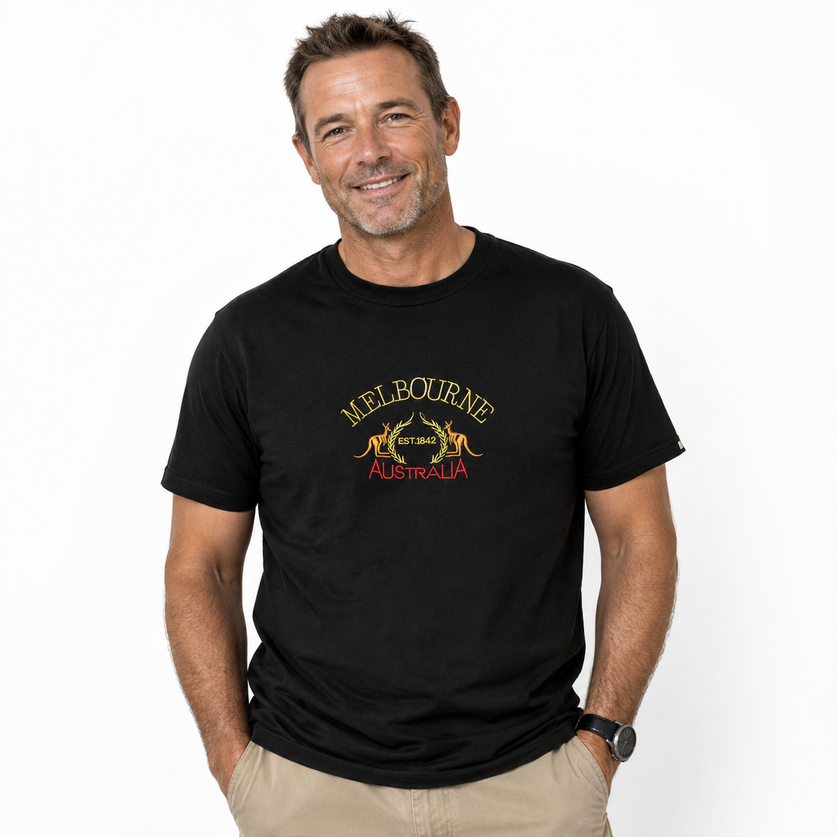 Adult Kangaroo Melbourne Australia T-Shirt - Black (100% Cotton Souvenir Gift Tee Top)