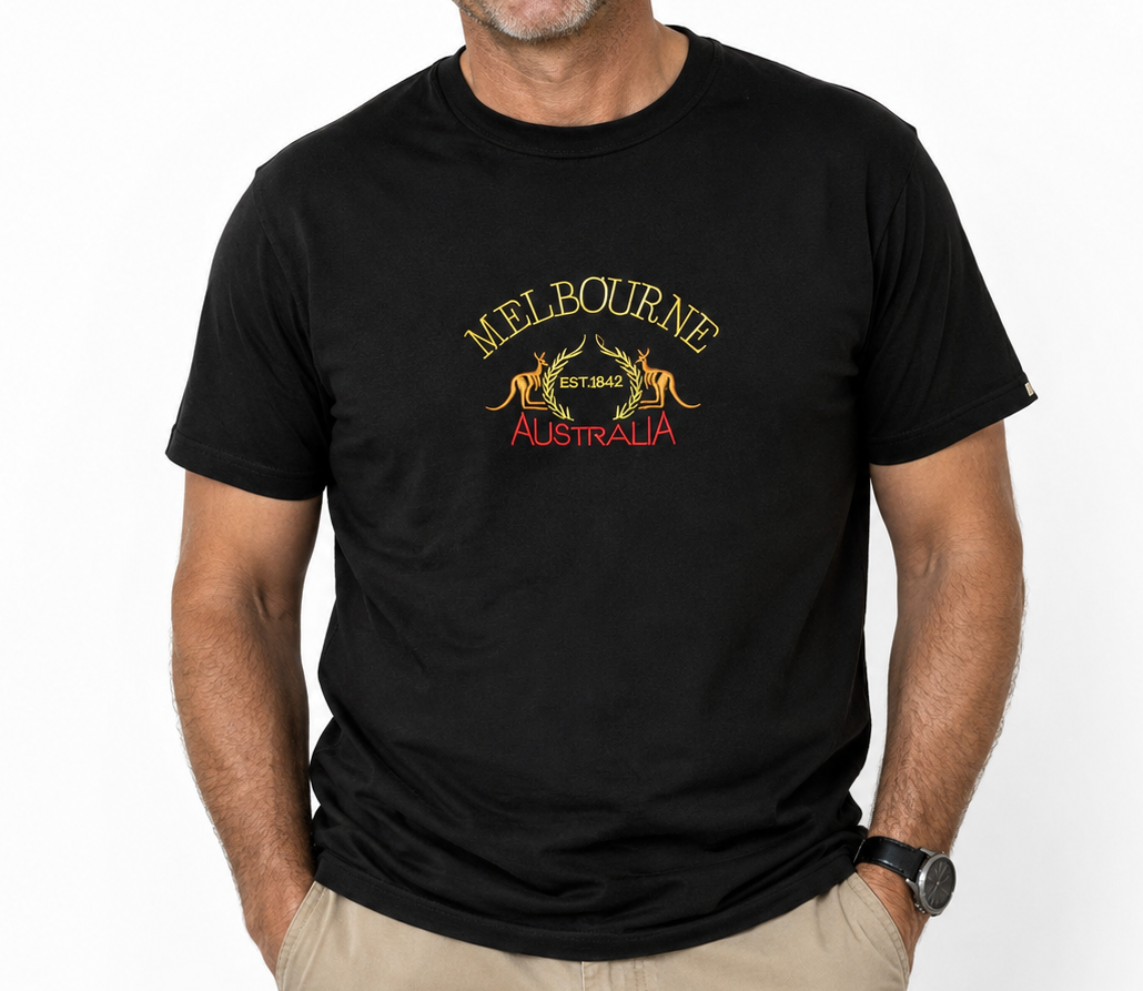 Adult Kangaroo Melbourne Australia T-Shirt - Black (100% Cotton Souvenir Gift Tee Top)