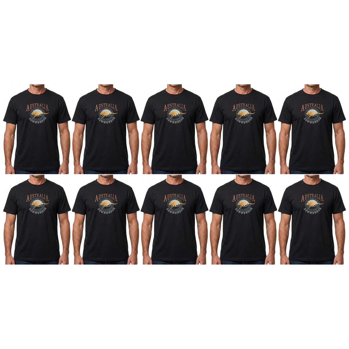 10x Adult Kangaroo Down Under Australia T-Shirt Bulk Pack - Black (100% Cotton Souvenir Gift Tee Top)