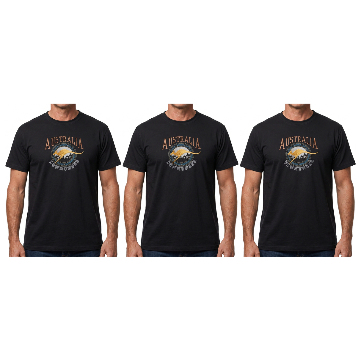 3x Adult Kangaroo Down Under Australia T-Shirt Pack - Black (100% Cotton Souvenir Gift Tee Top)