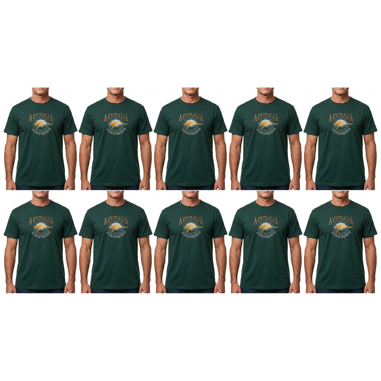 10x Adult Kangaroo Down Under Australia T-Shirt Bulk Pack - Bottle Green (100% Cotton Souvenir Gift Tee Top)
