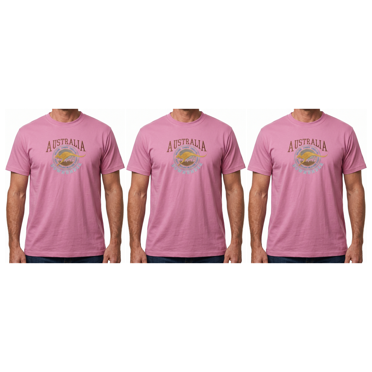 3x Adult Kangaroo Down Under Australia T-Shirt Pack - Pink (100% Cotton Souvenir Gift Tee Top)
