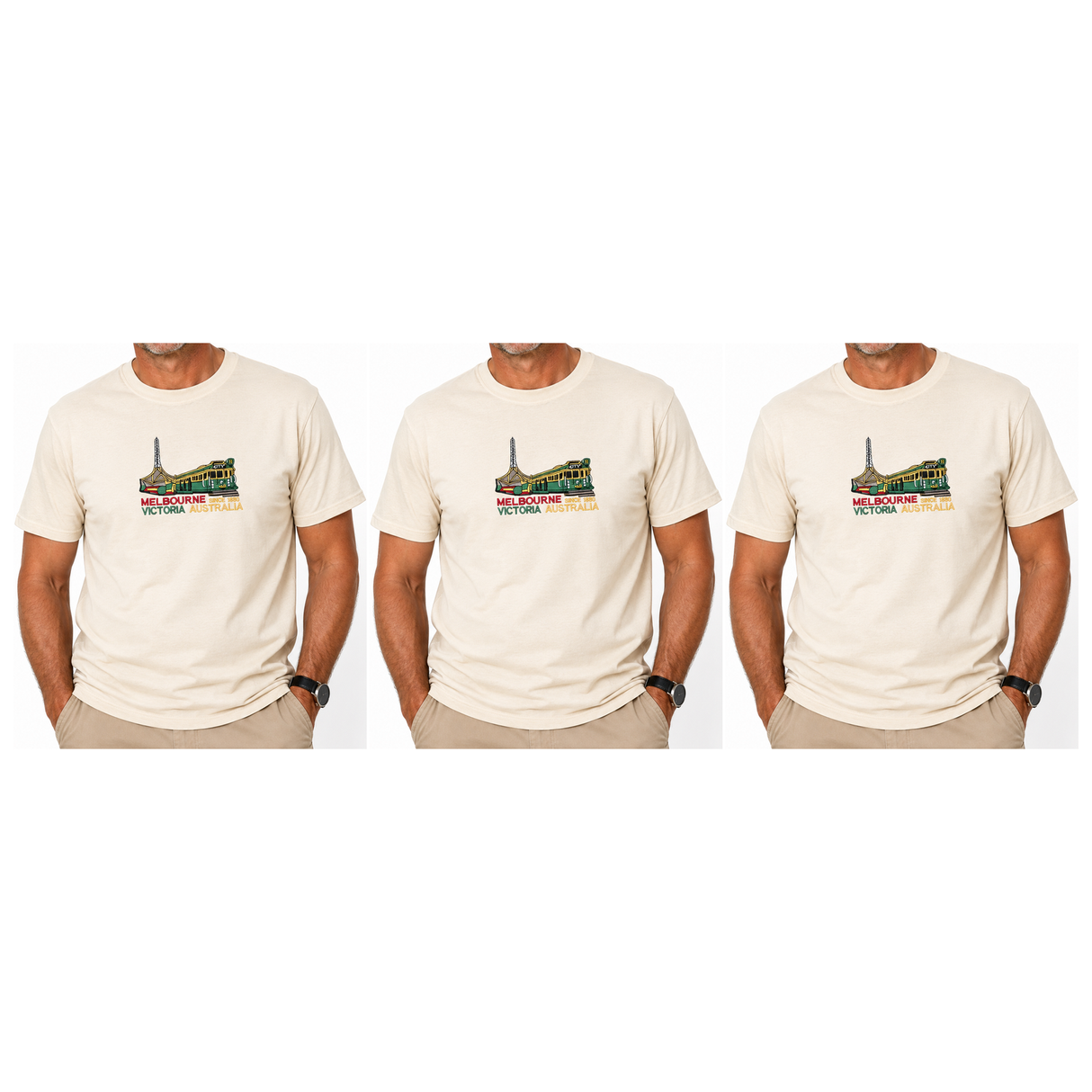 3x Adult Melbourne Victoria Australia T-Shirt Pack - Cream (100% Cotton Souvenir Gift Tee Top)