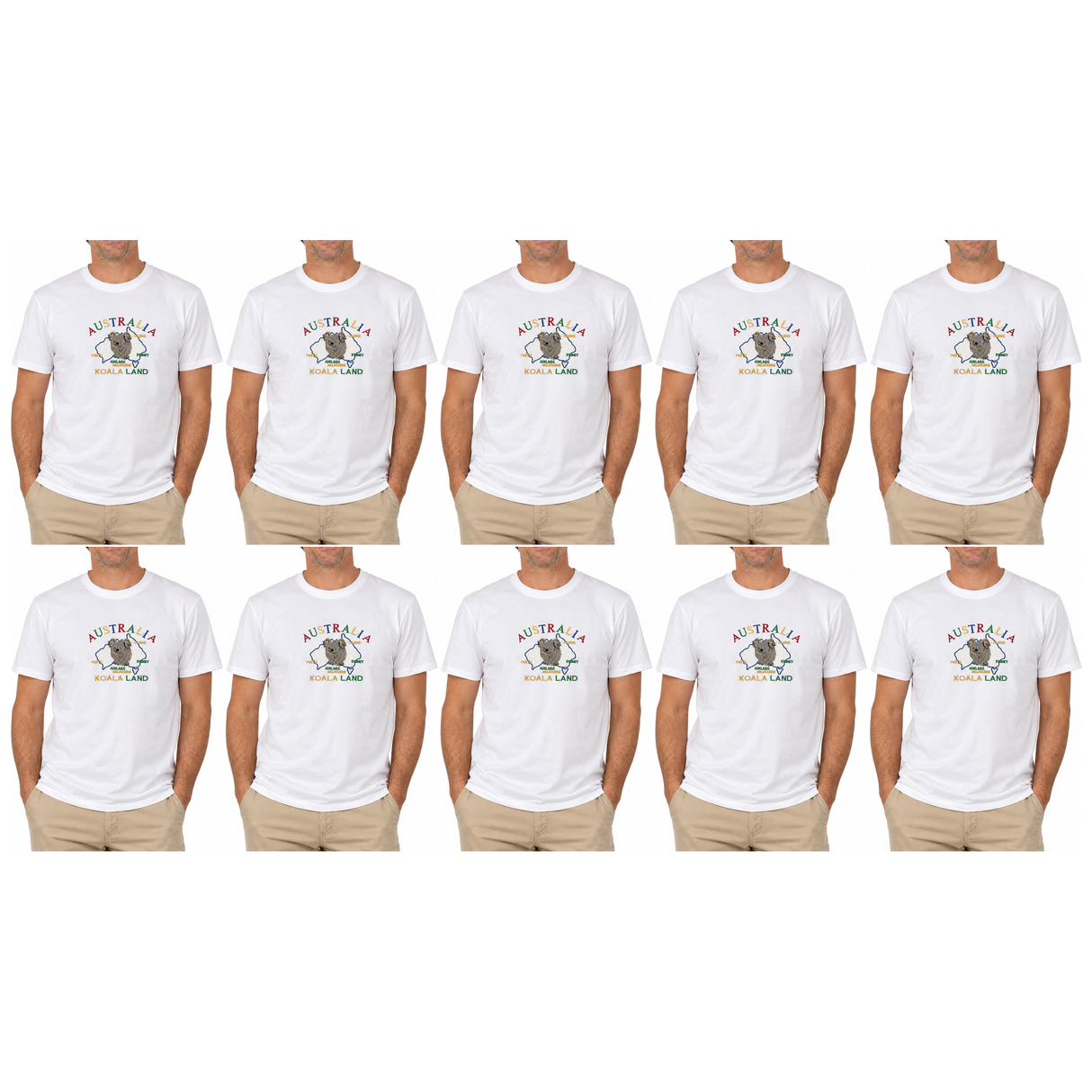 10x Adult Koala Land Australia Map T-Shirt Bulk Pack - White (100% Cotton Souvenir Gift Tee Top)
