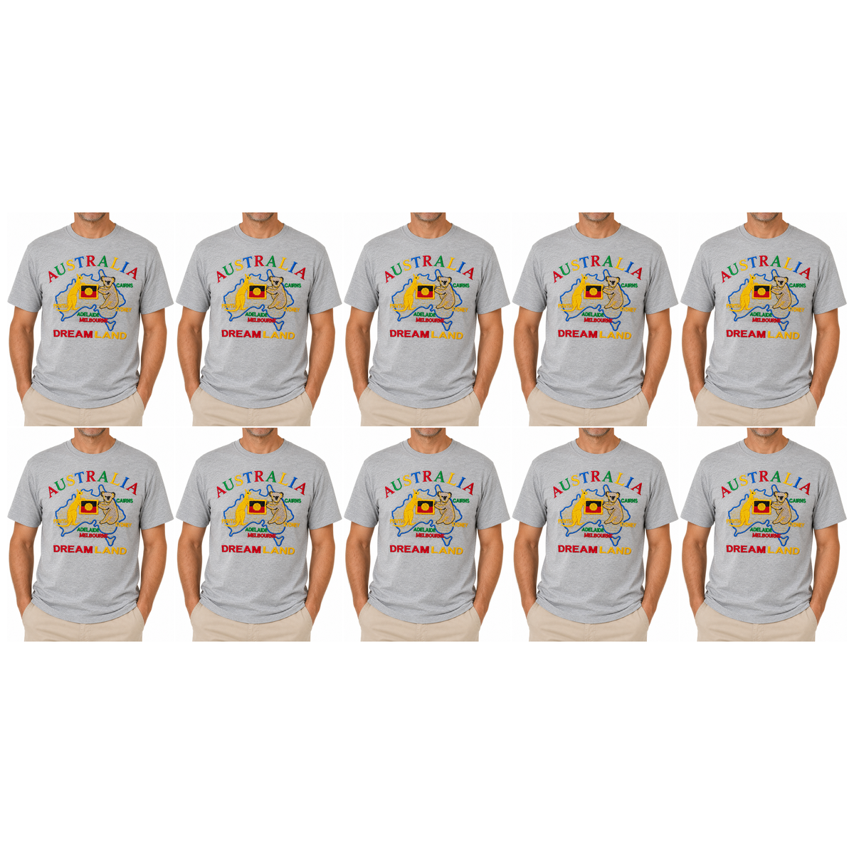 10x Adult Australia Kangaroo/Koala "Dream Land" T-Shirt Bulk Pack - Grey (100% Cotton Souvenir Tee Top)