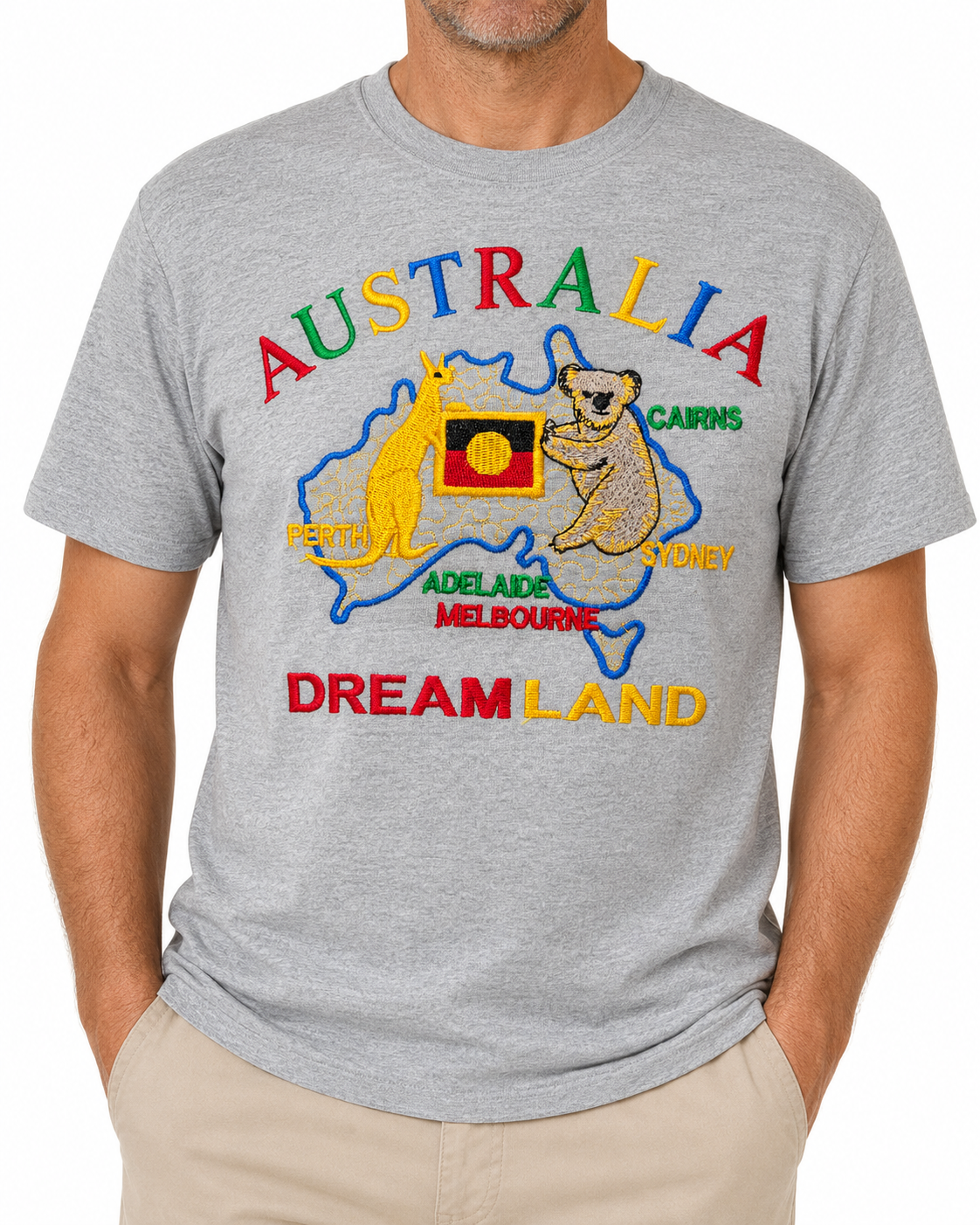 Adult Australia Kangaroo/Koala "Dream Land" T Shirt 100% Cotton Souvenir Tee Top in Grey