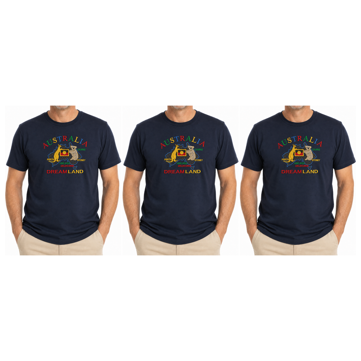 3x Adult Australia Kangaroo/Koala "Dream Land" T-Shirt Pack - Navy (100% Cotton Souvenir Tee Top)