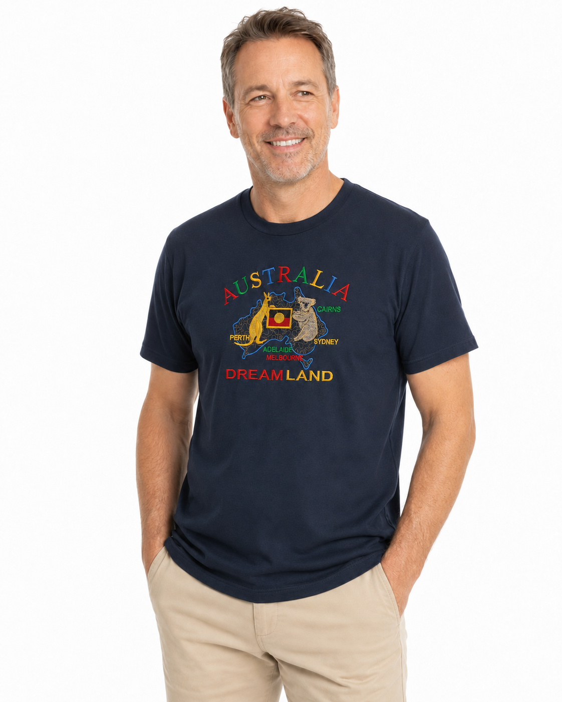 Adult Australia Kangaroo/Koala "Dream Land" T Shirt 100% Cotton Souvenir Tee Top in Navy