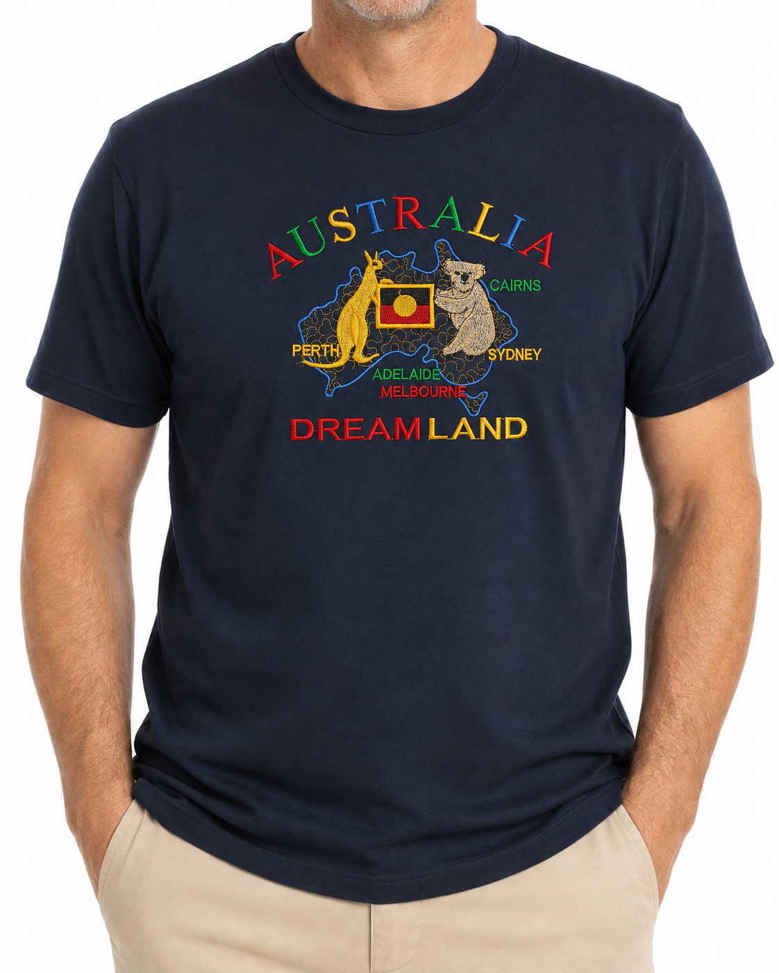Adult Australia Kangaroo/Koala "Dream Land" T Shirt 100% Cotton Souvenir Tee Top in Navy