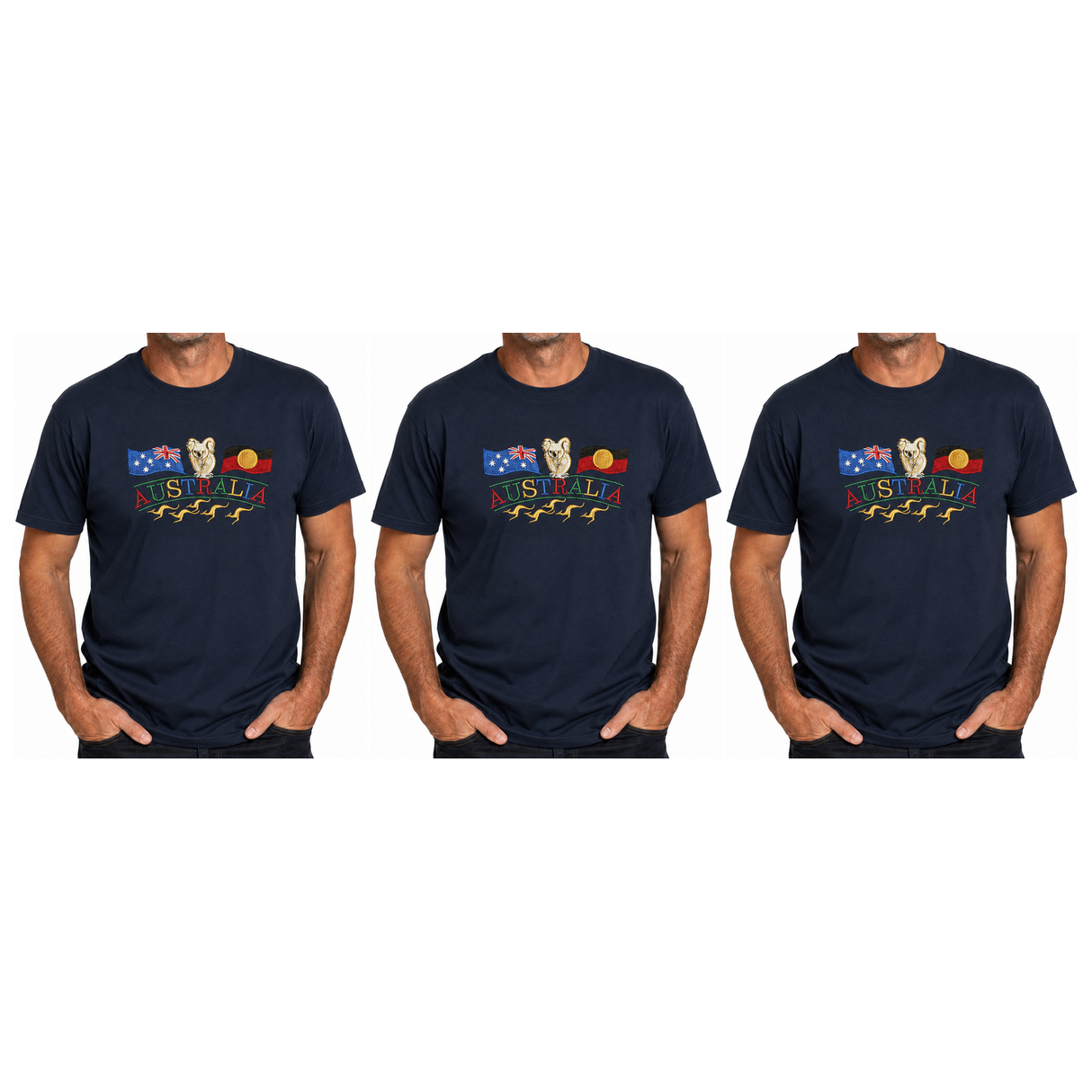 3x Adult Kangaroo, Koala & Australia Flags T-Shirt Pack - Navy Blue (100% Cotton Souvenir Gift Tee Top)