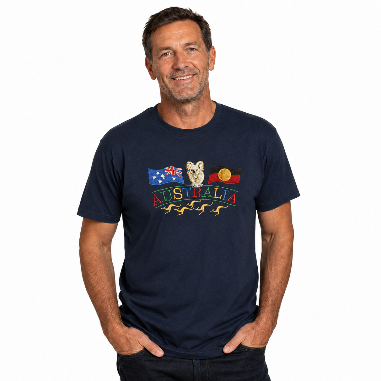 Adult Kangaroo, Koala & Australia Flags T-Shirt - Navy Blue (100% Cotton Souvenir Gift Tee Top)