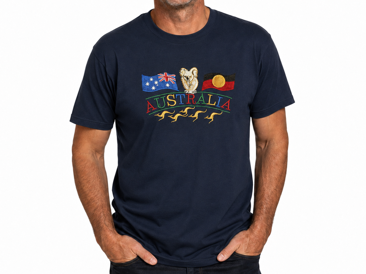 Adult Kangaroo, Koala & Australia Flags T-Shirt - Navy Blue (100% Cotton Souvenir Gift Tee Top)