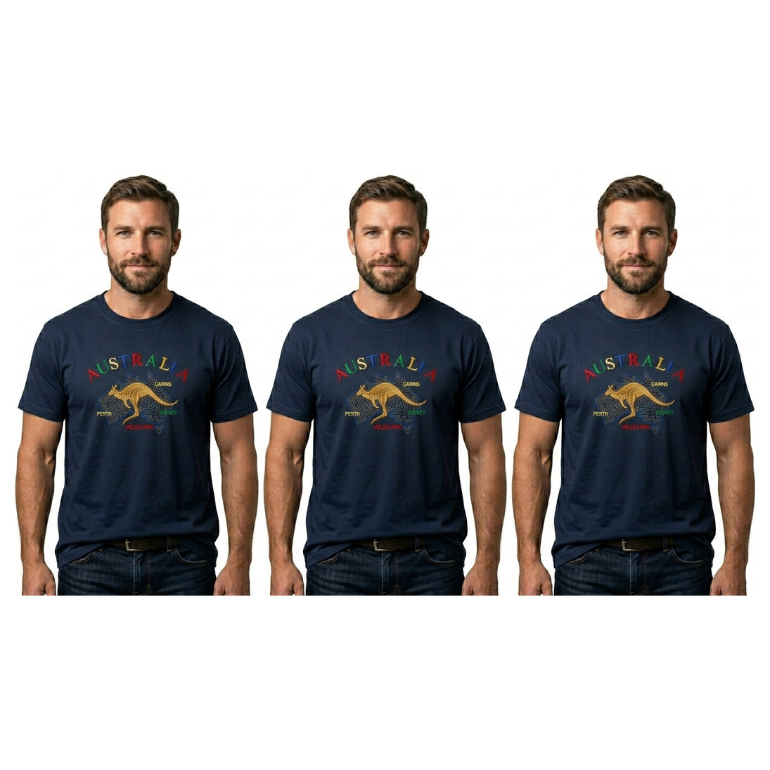 3x Adult Kangaroo Australia Map T-Shirt Pack - Navy Blue (100% Cotton Souvenir Gift Tee Top)