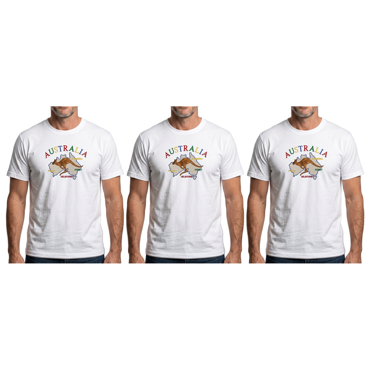 3x Adult Kangaroo Australia Map T-Shirt Pack - White (100% Cotton Souvenir Gift Tee Top)