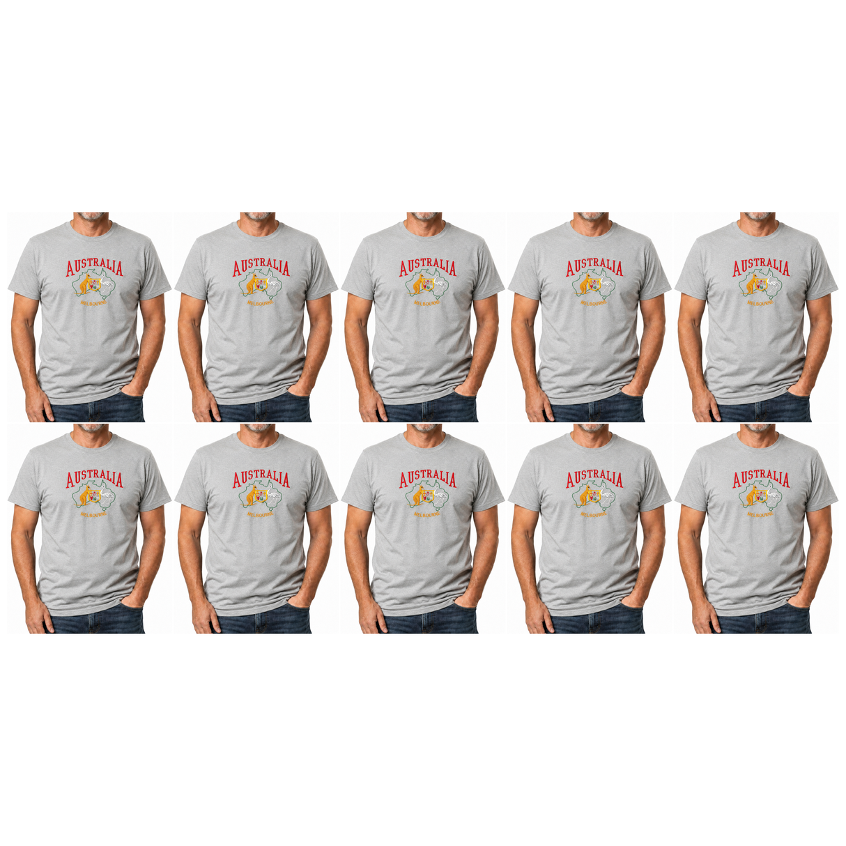 10x Adult Kangaroo Emu Australia Melbourne T-Shirt Bulk Pack - Grey (100% Cotton Souvenir Gift Top)