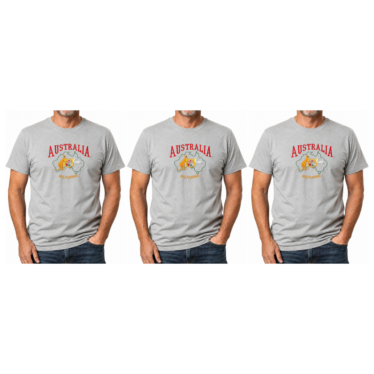 3x Adult Kangaroo Emu Australia Melbourne T-Shirt Pack - Grey (100% Cotton Souvenir Gift Top)