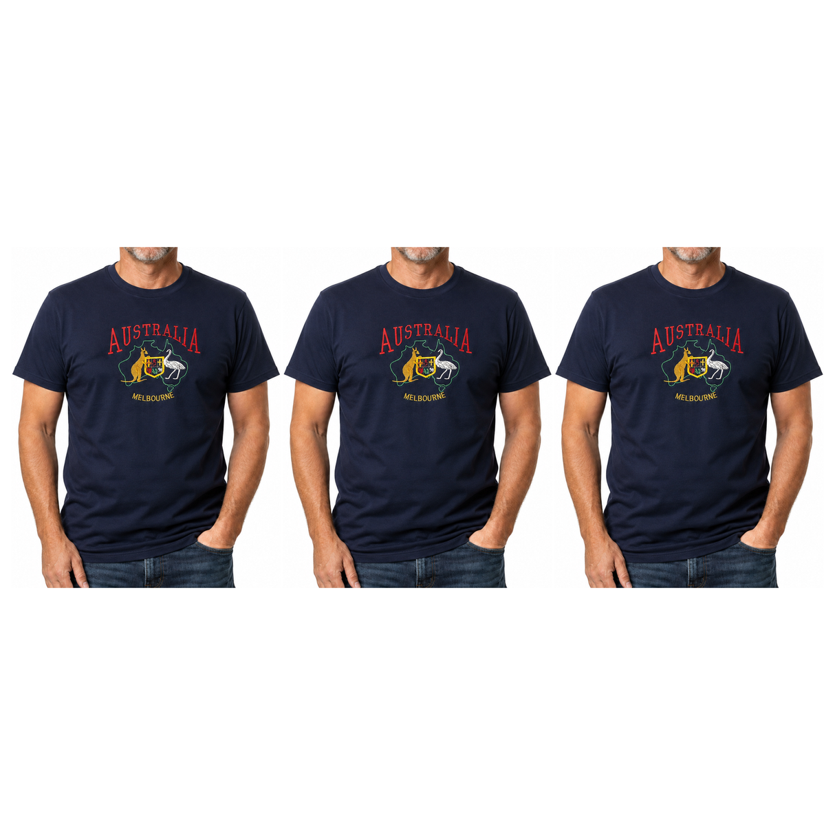 3x Adult Kangaroo Emu Australia Melbourne T-Shirt Pack - Navy Blue (100% Cotton Souvenir Gift Top)