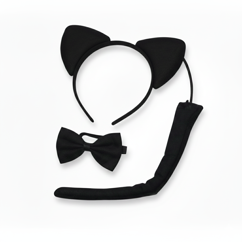 BLACK CAT EARS HEADBAND w Bow Tail Animal Costume Halloween Party Hair Accessory