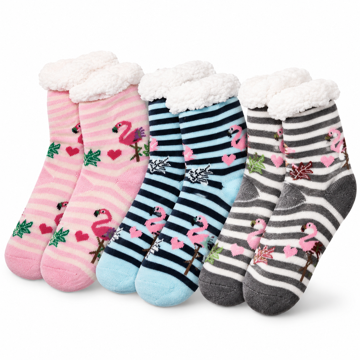 3 Pairs Ladies Thick Fur Bed Socks Womens Sherpa Fluffy Non Slip - Assorted Flamingo