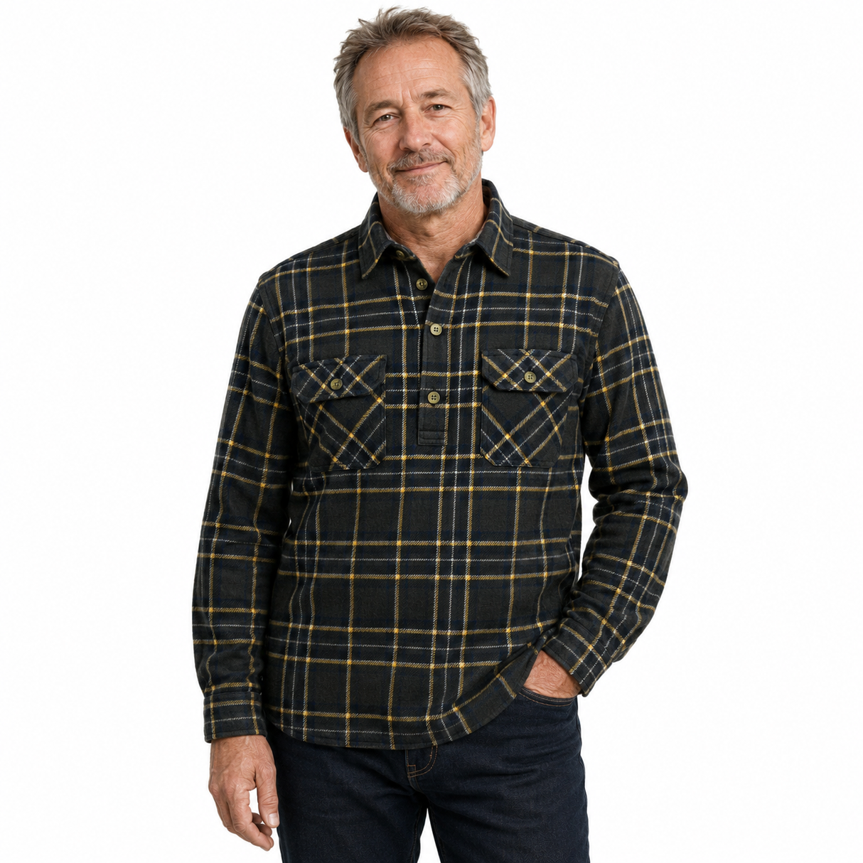 Mens Button Up FLANNELETTE SHIRT Check 100% COTTON Flannel Vintage - Charcoal 29 (Half Placket) - S