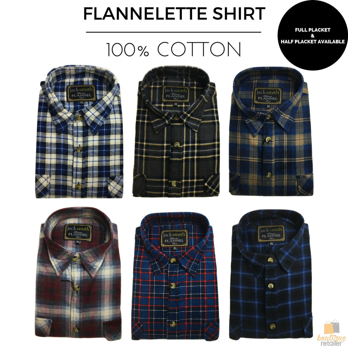 Mens Button Up FLANNELETTE SHIRT Check 100% COTTON Flannel Vintage - Charcoal 29 (Half Placket)
