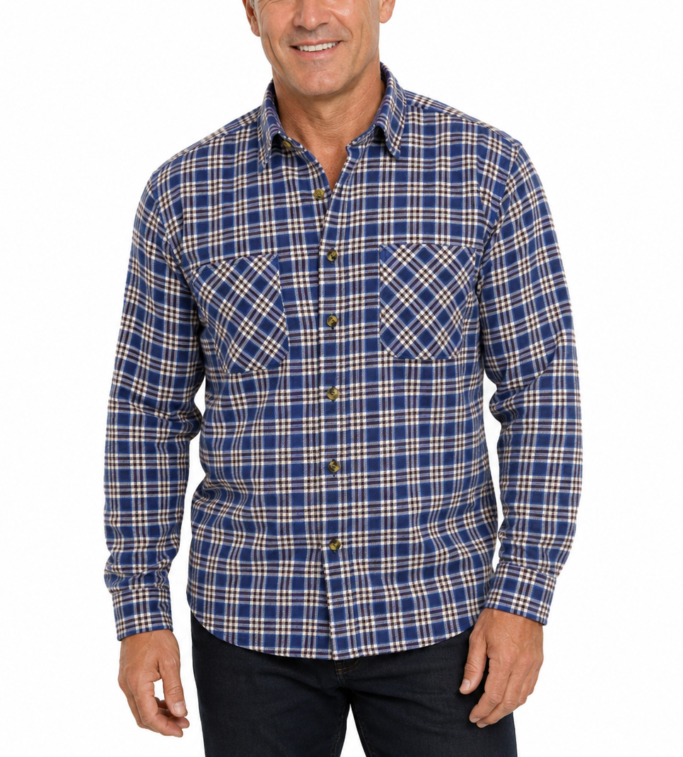 Mens Vintage Long Sleeve Flannelette Shirt - Blue/White (100% Cotton Check Flannel)