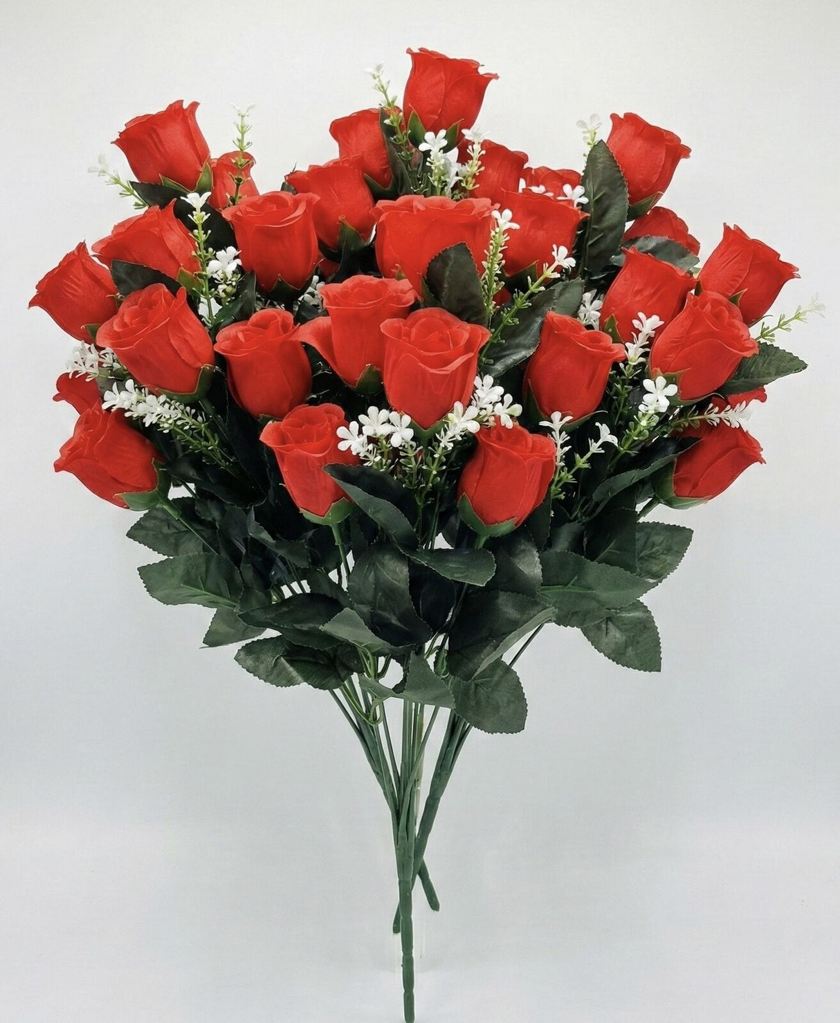 Artificial Rose Cemetery Flowers - 48 Stems Bouquet Arrangement - Red (Faux Décor)