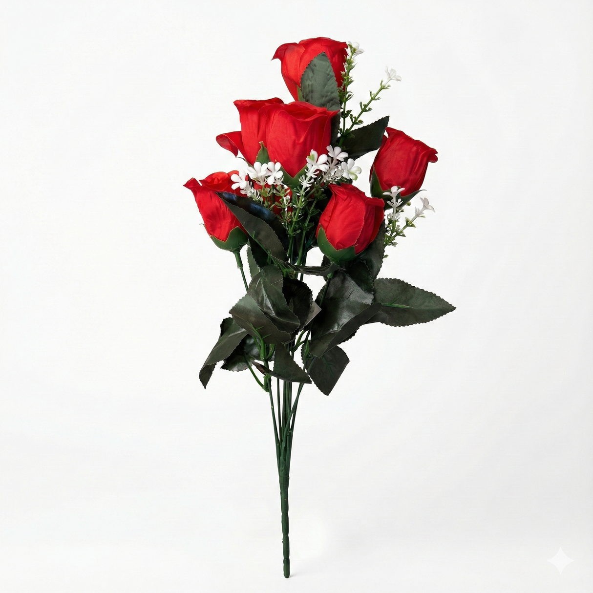 Artificial Rose Cemetery Flowers - 8 Stems Bouquet Arrangement - Red (Faux Décor)