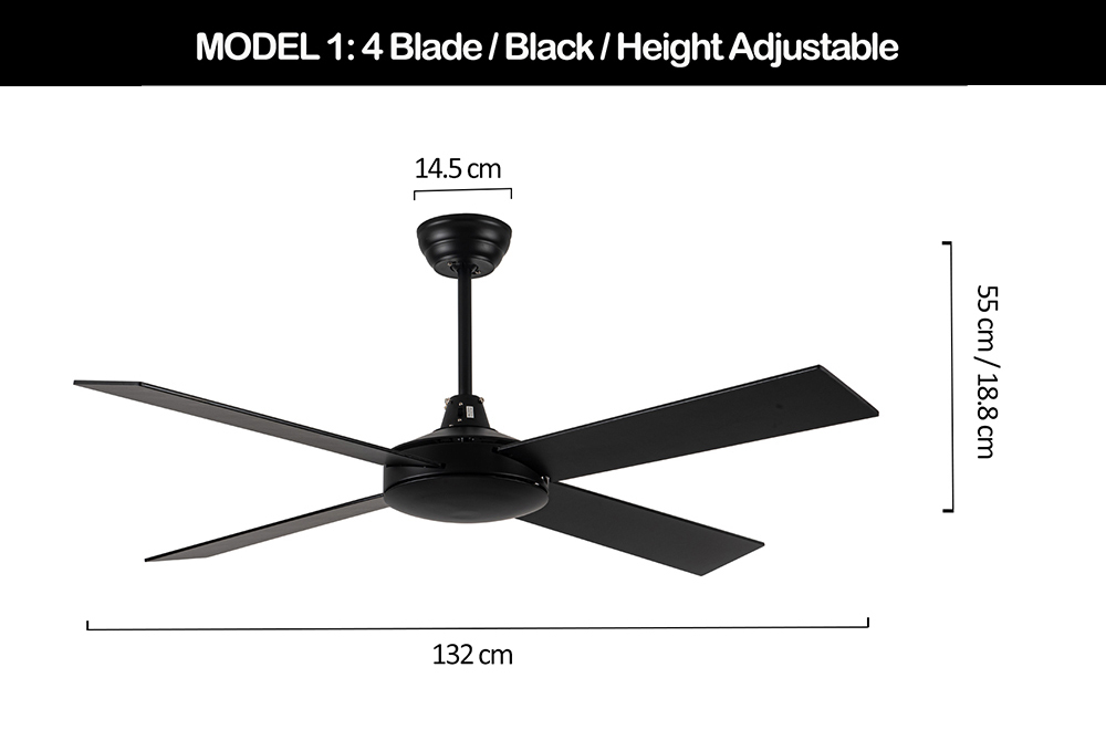Viviendo 52 Inch 4 Blade Ceiling Fan 220-240V AC Motor with 3 Speed Remote - Black