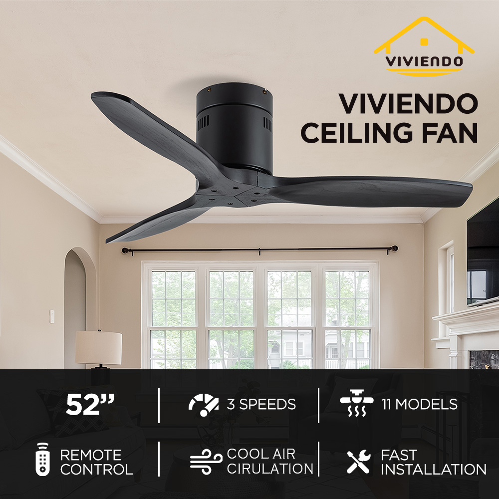 Viviendo 52 Inch 4 Blade Ceiling Fan 220-240V AC Motor with 3 Speed Remote - Black