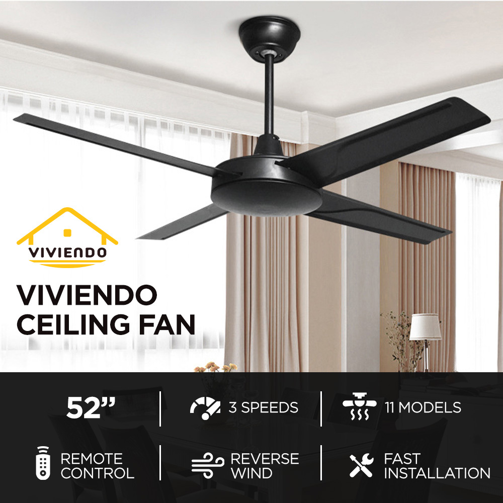 Viviendo 52 Inch 4 Blade Ceiling Fan 220-240V AC Motor with 3 Speed Remote - Black