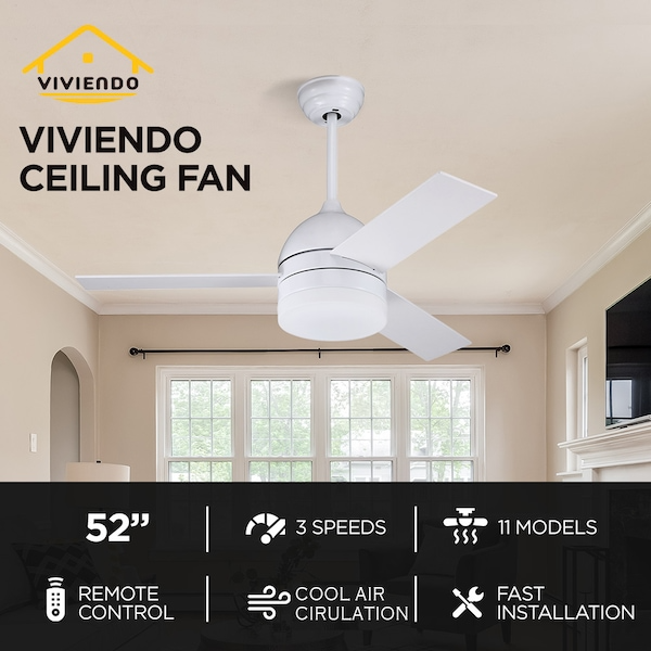 Viviendo 52 Inch 3 Blade Whisper AC Ceiling Fan with LED Light with 3 Speed Remote Control - White