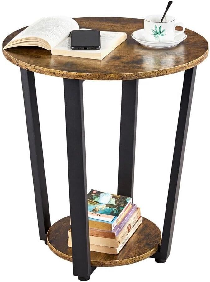 Viviendo Side Table Retro 2-Tier Wooden Industrial Style Round Coffee Table Living Room