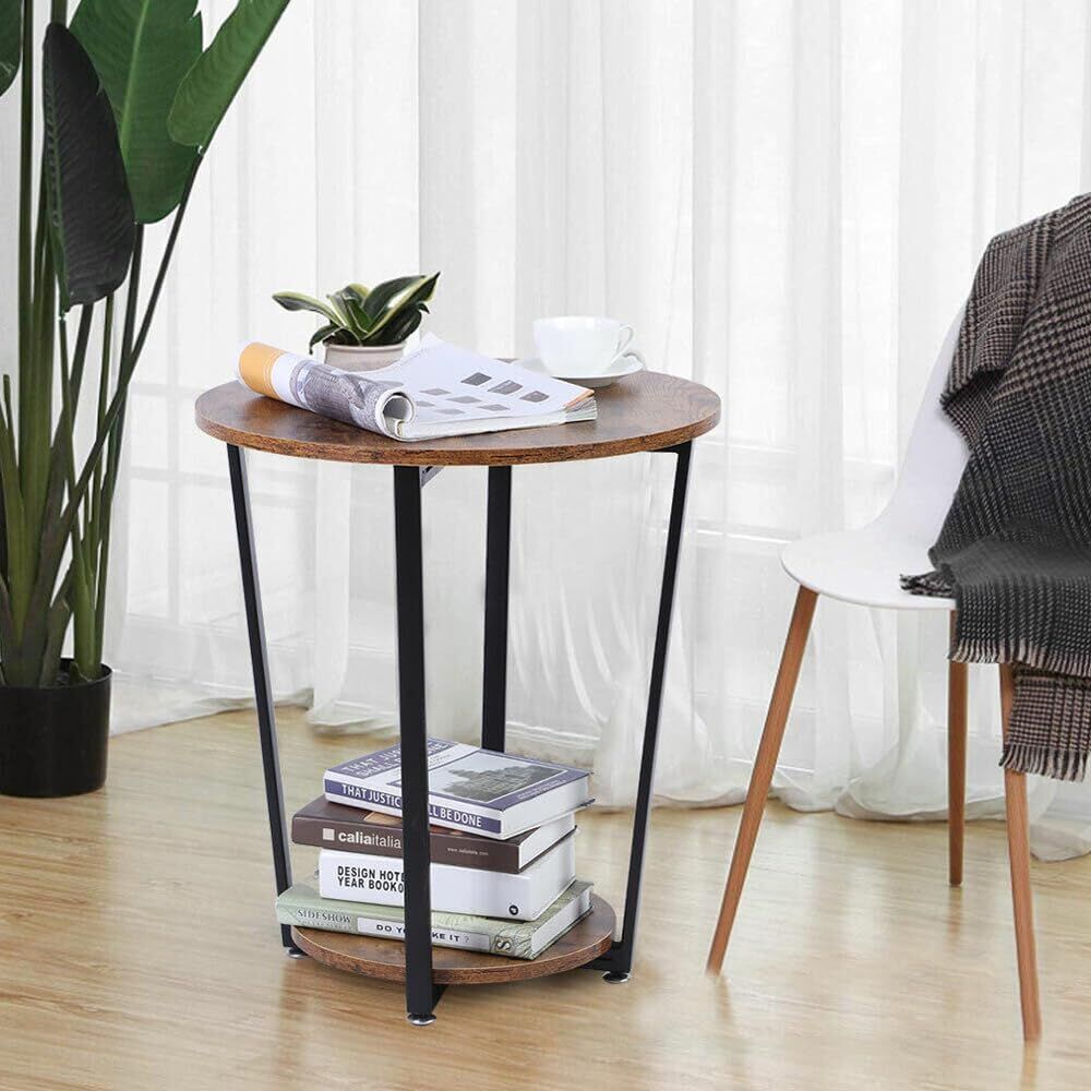 Viviendo Side Table Retro 2-Tier Wooden Industrial Style Round Coffee Table Living Room