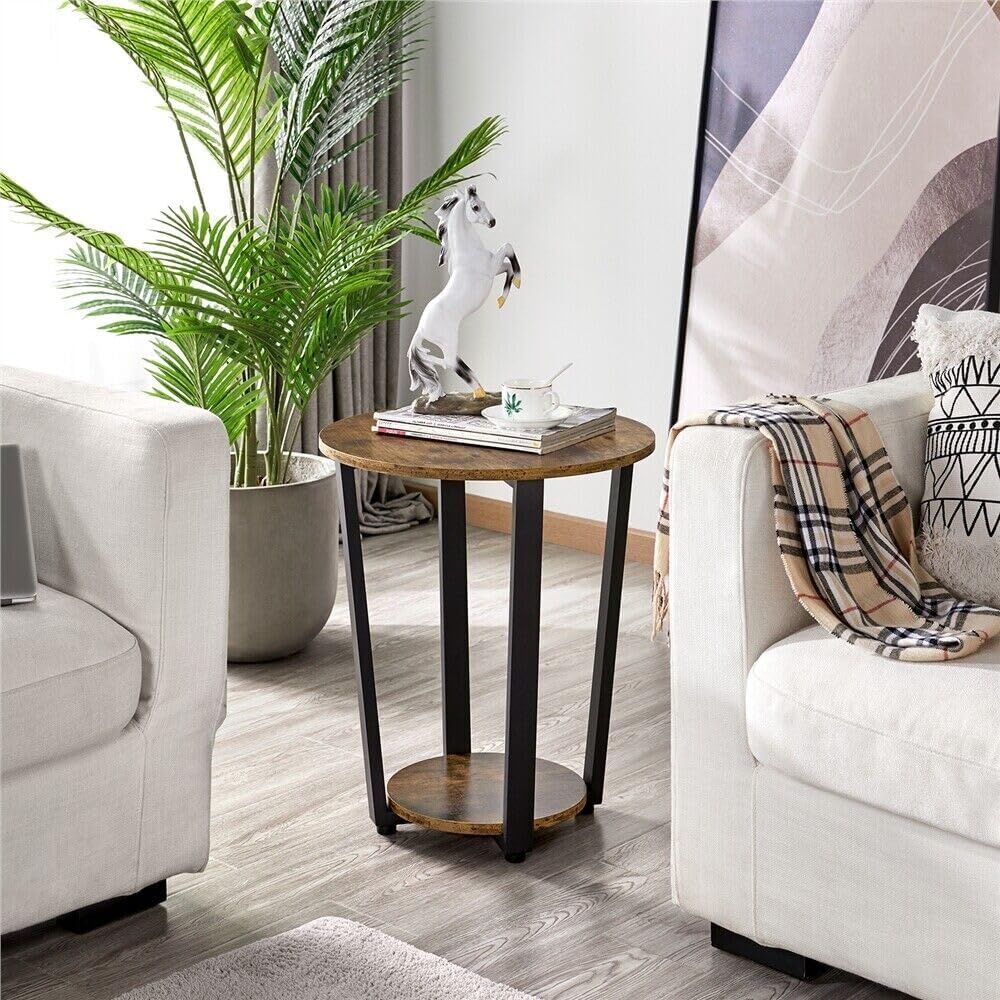 Viviendo Side Table Retro 2-Tier Wooden Industrial Style Round Coffee Table Living Room