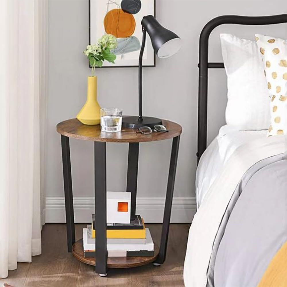 Viviendo Side Table Retro 2-Tier Wooden Industrial Style Round Coffee Table Living Room