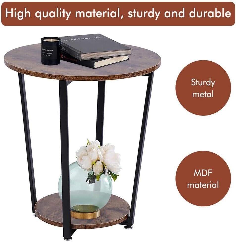 Viviendo Side Table Retro 2-Tier Wooden Industrial Style Round Coffee Table Living Room