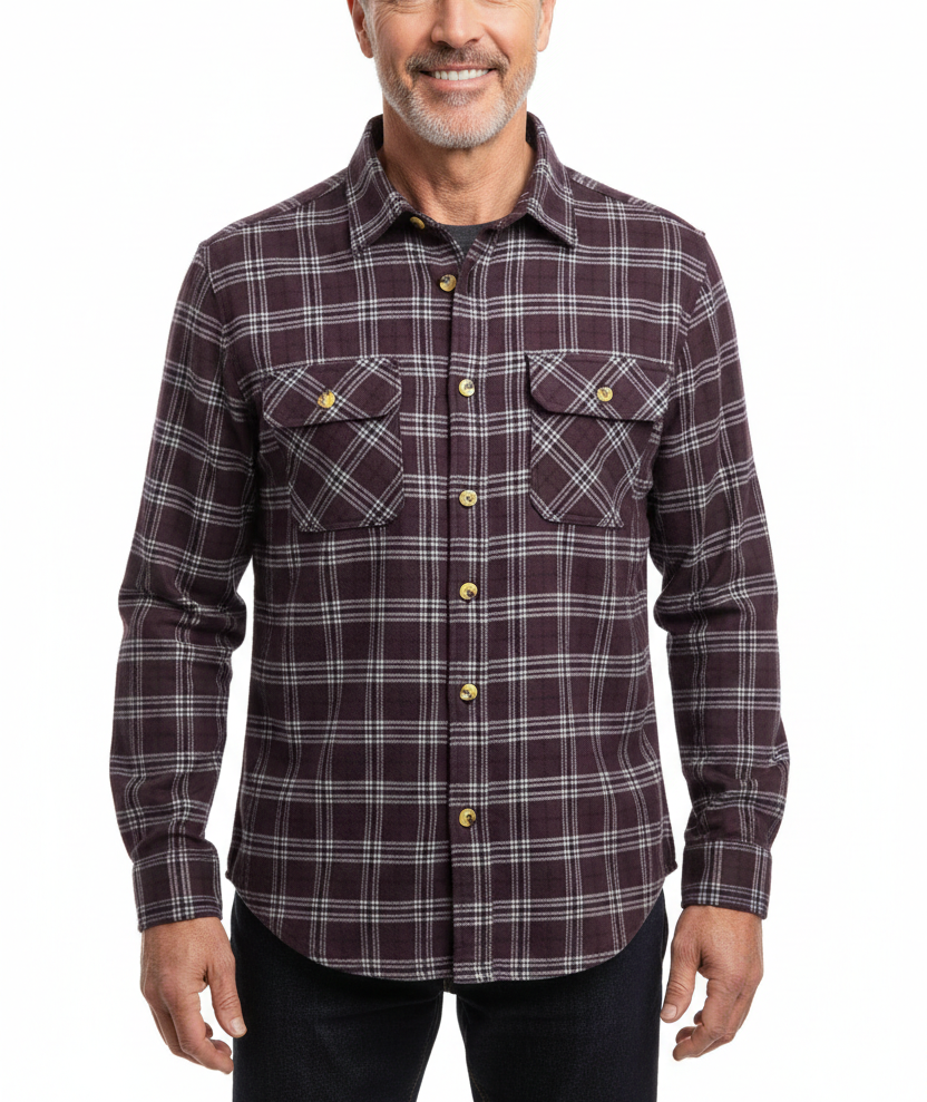 Mens Flannelette Shirt 100% Cotton Check Authentic Flannel Long Sleeve Vintage - Burgundy - S