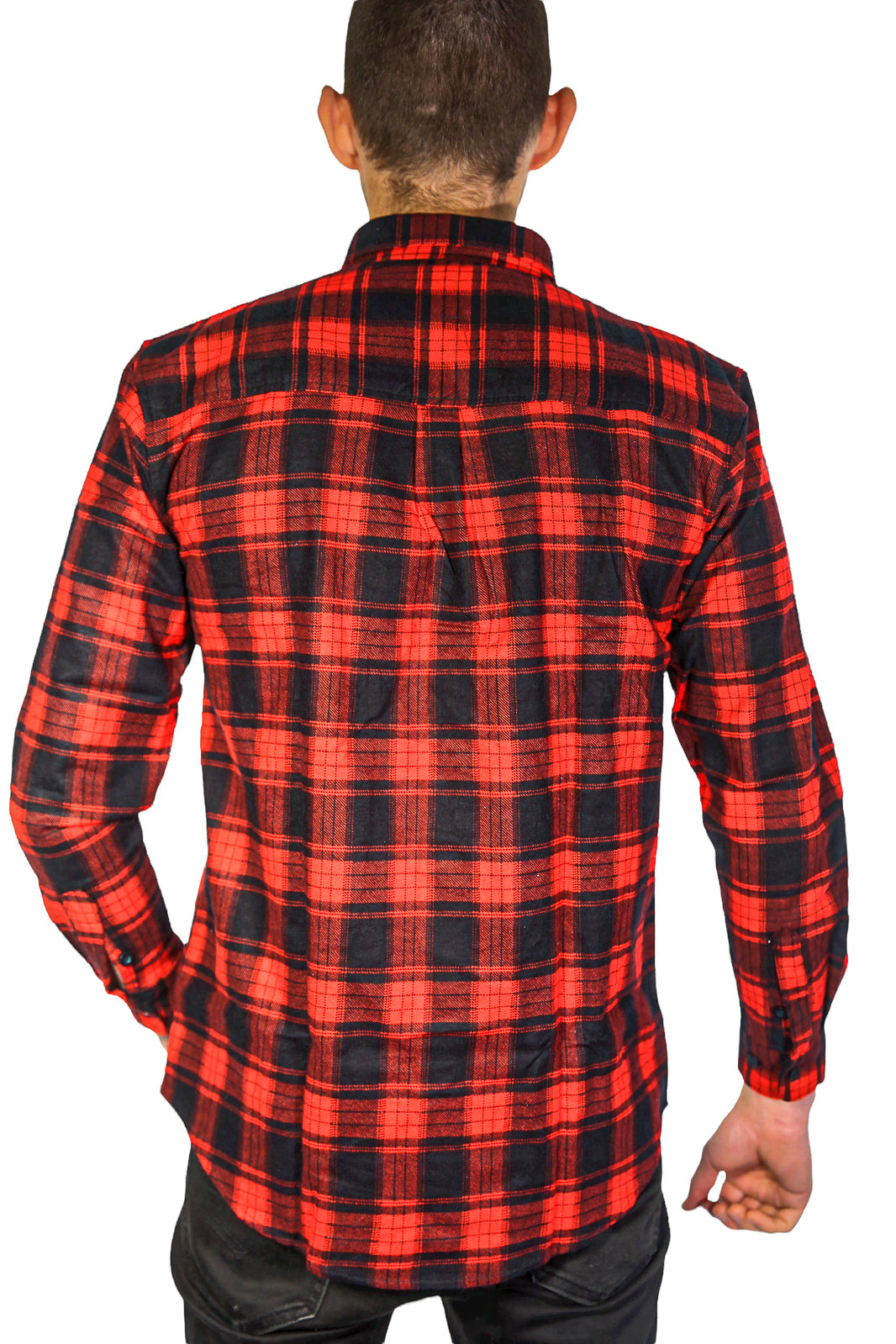 Mens Long Sleeve Flannelette Shirt - Black/Red (100% Cotton Check Full Placket Flannel)